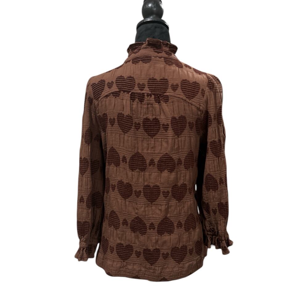 Umgee Brown Heart Embroidered Ruffle Button Up Top Women’s Large - Picture 5 of 5